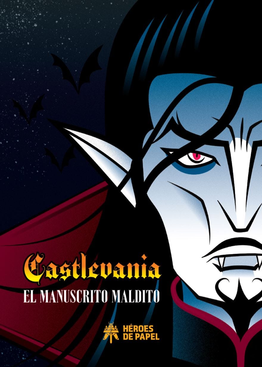 Cover of the Spanish edition Castlevania: El Manuscrito Maldito by Héroes de Papel. The artwork features a stylized, close-up illustration of Dracula’s face with sharp, angular features, pointed ears, fangs, and red eyes. He wears a dark cloak with a red interior, and bats fly against a starry night sky in the background. The title is in Gothic-style yellow and red font, emphasizing the horror and vampire theme.