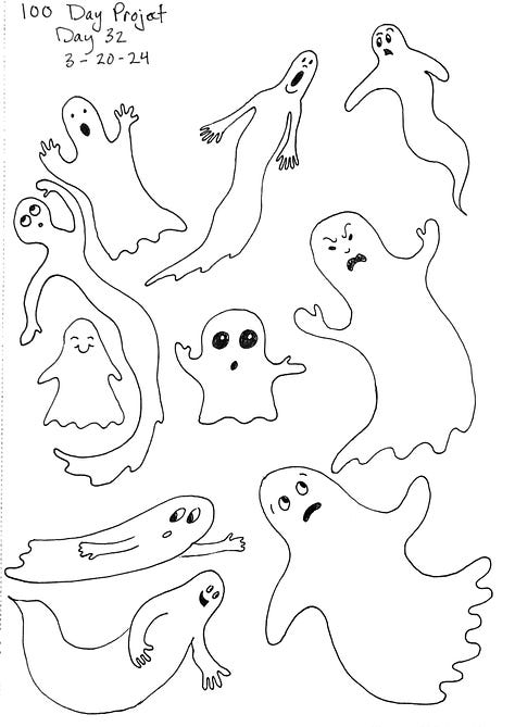 Simple drawings of ten whales, ten ghosts, and ten owls.