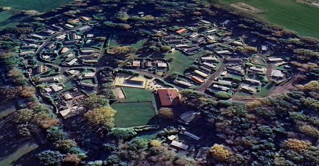 An aerial view of the campsite on a sunny day. 