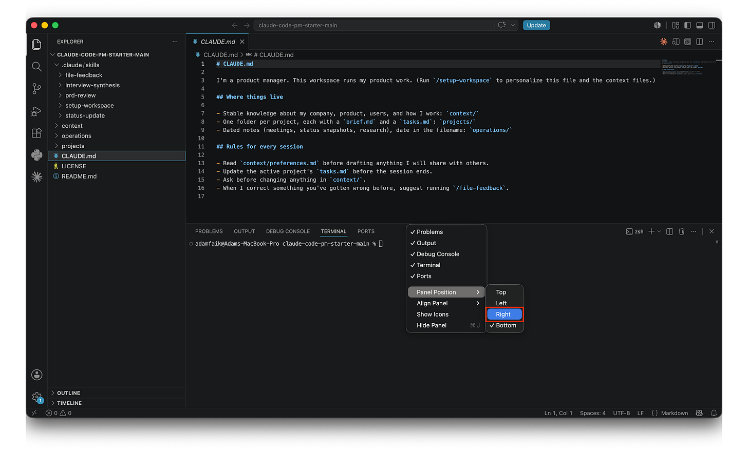 VS Code with the terminal panel open at the bottom. The context menu is expanded with Panel Position selected, and the Right option is highlighted, about to move the terminal to the right side of the window. VS Code with the terminal panel open at the bottom. The context menu is expanded with Panel Position selected, and the Right option is highlighted, about to move the terminal to the right side of the window.