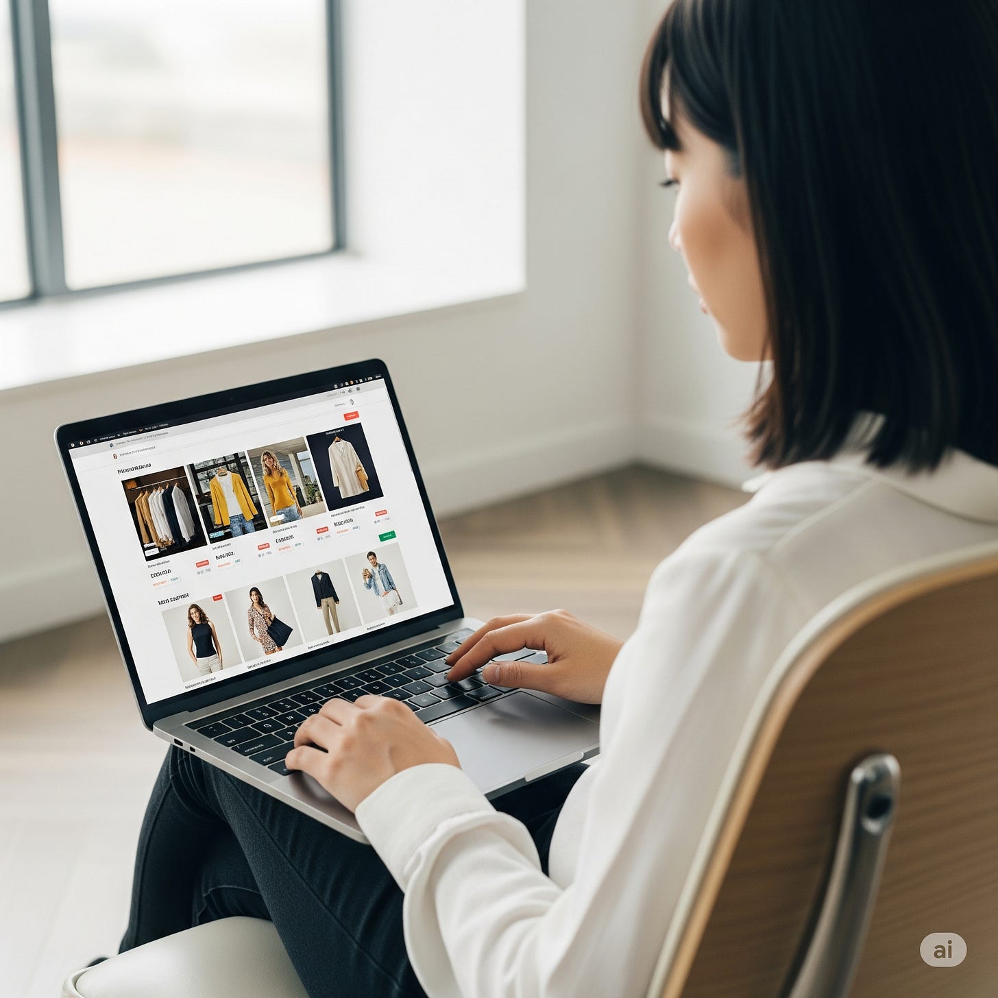 A Shopify store owner smiling while looking at a laptop displaying a blog post and a graph showing upward traffic growth, representing e-commerce success through content marketing.