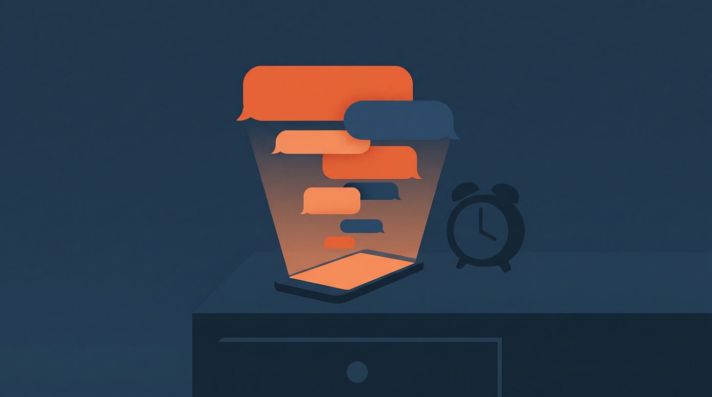 A phone glowing on a nightstand with messages stacking up A phone glowing on a nightstand with messages stacking up