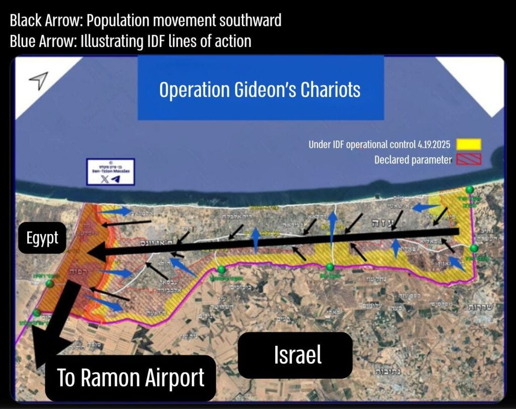A military map labeled “Operation Gideon’s Chariots” showing Israeli Defense Forces (IDF) actions in Gaza dated April 19, 2025. The map highlights areas under IDF operational control in yellow and marked zones with declared parameters in red stripes. Black arrows indicate Palestinian population movement southward, primarily toward Egypt and Ramon Airport. Blue arrows represent IDF lines of action advancing across Gaza. The map includes major reference points such as the Mediterranean Sea to the north, Egypt to the southwest, and Israel to the southeast. Urban zones, roads, and checkpoints are overlaid on a satellite image of the Gaza Strip.