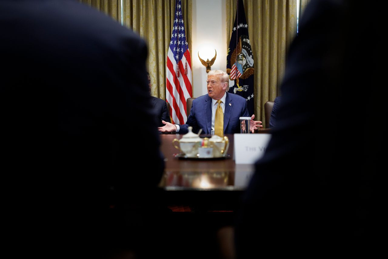 President Donald Trump reacts during a Cabinet meeting Tuesday at the White House. (Tom Brenner/For The Washington Post)