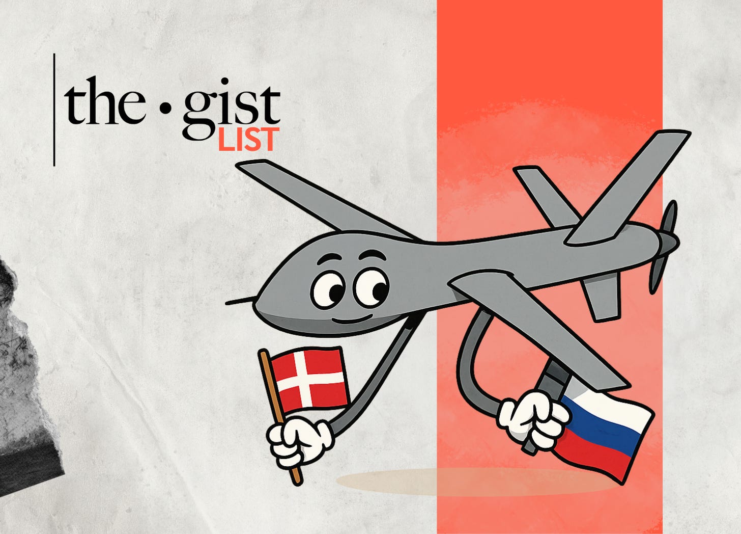 Cartoon of a drone waving a Danish flag in one hand while hiding a Russian flag behind its back, symbolizing Russia’s suspected but unconfirmed role in Denmark’s recent drone incursions.