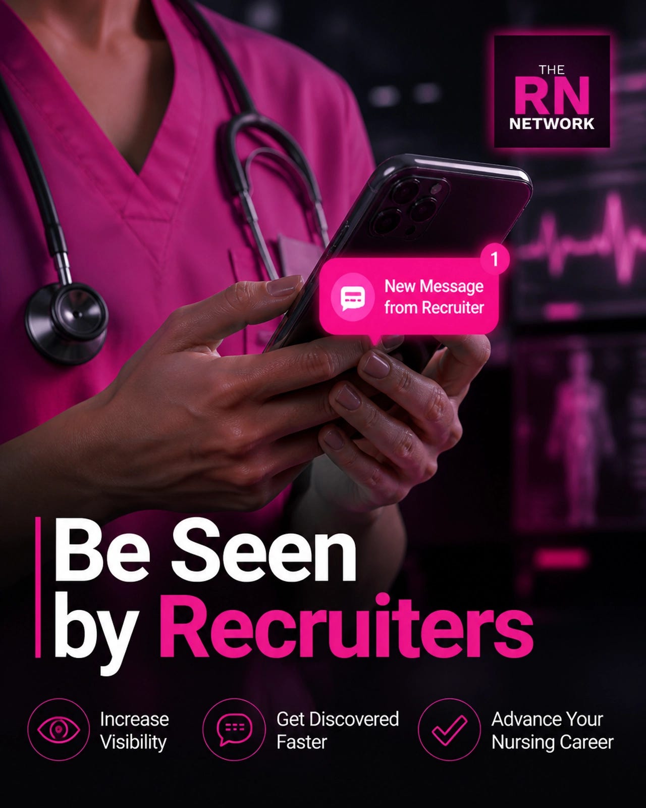 Close-up of a nurse holding a smartphone showing a recruiter message notification