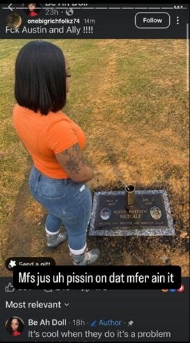 Person standing by a grave marker with an orange top, expressing strong emotions in a social media post.