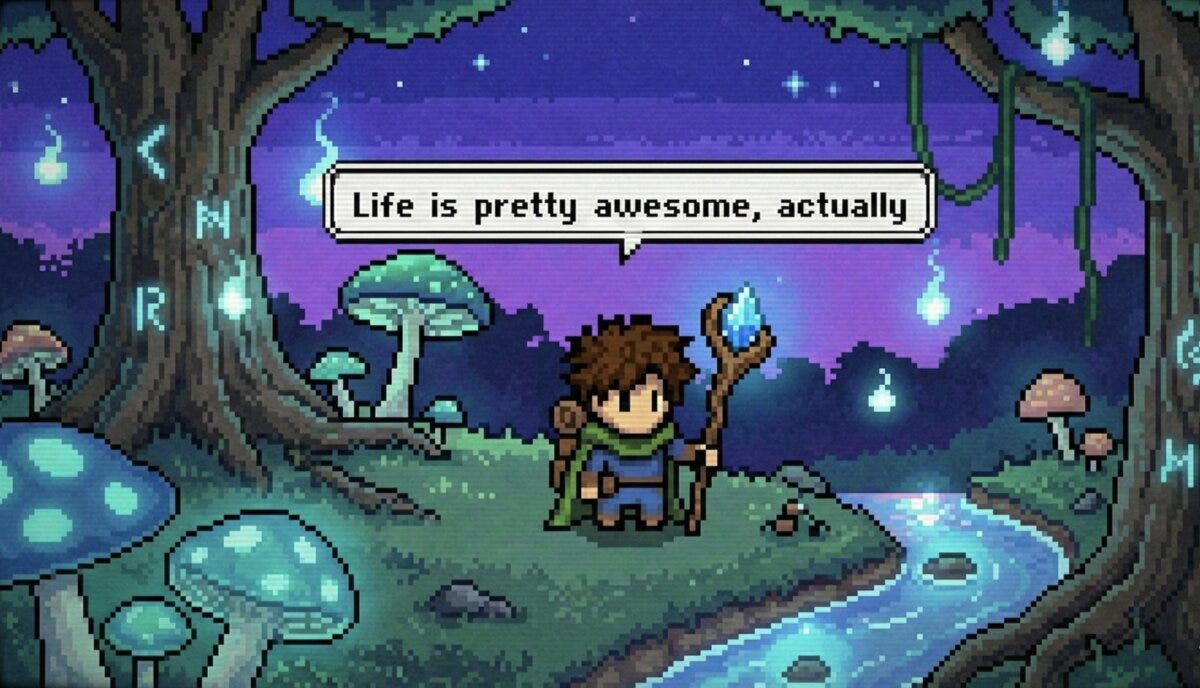 Pixel-art adventurer in a glowing forest, saying 'Life is pretty awesome, actually' Pixel-art adventurer in a glowing forest, saying 'Life is pretty awesome, actually'