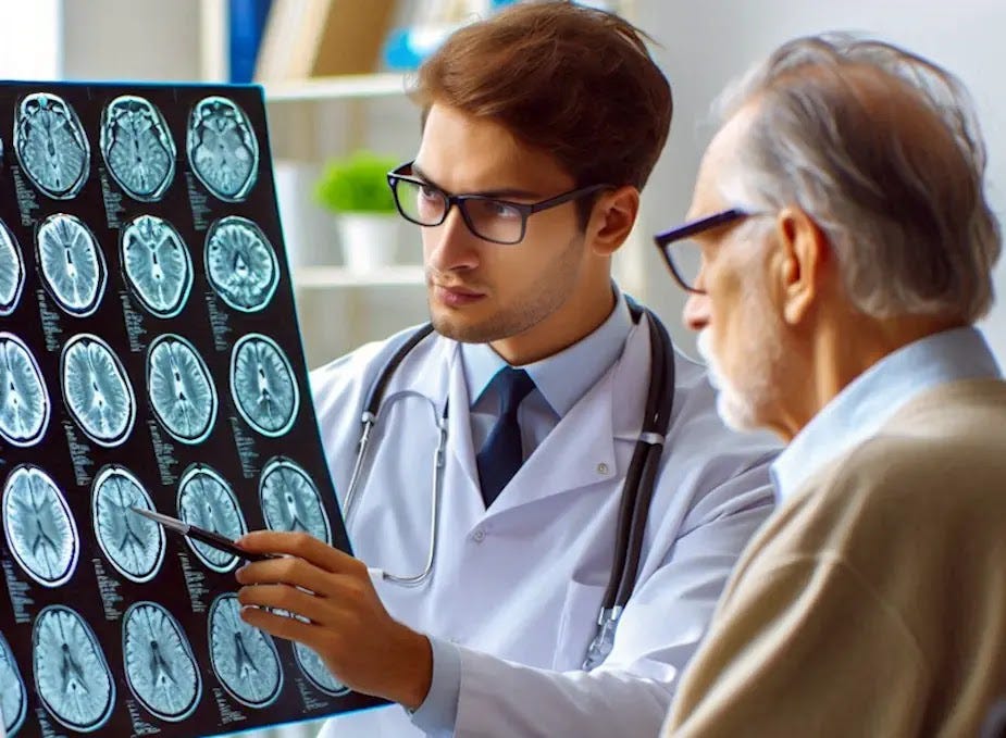 A doctor reviewing medical scans with a patient, symbolizing the potential for early diagnosis of ALS and FTD. A doctor reviewing medical scans with a patient, symbolizing the potential for early diagnosis of ALS and FTD.