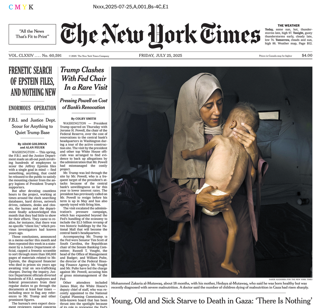 The July 25, 2025, issue of the New York Times with an image of Mohammed al-Mutawaq, Source: The New York Times