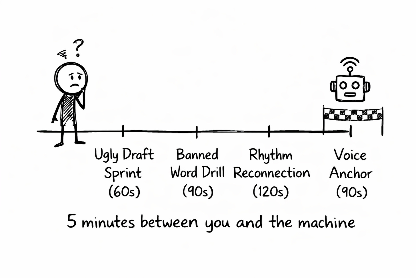 Hand-drawn whiteboard timeline showing a stick figure at the start and an AI robot at the finish line, illustrating a five-minute writing warm-up routine with steps labeled Ugly Draft Sprint (60s), Banned Word Drill (90s), Rhythm Reconnection (120s), and Voice Anchor (90s), captioned “5 minutes between you and the machine.”