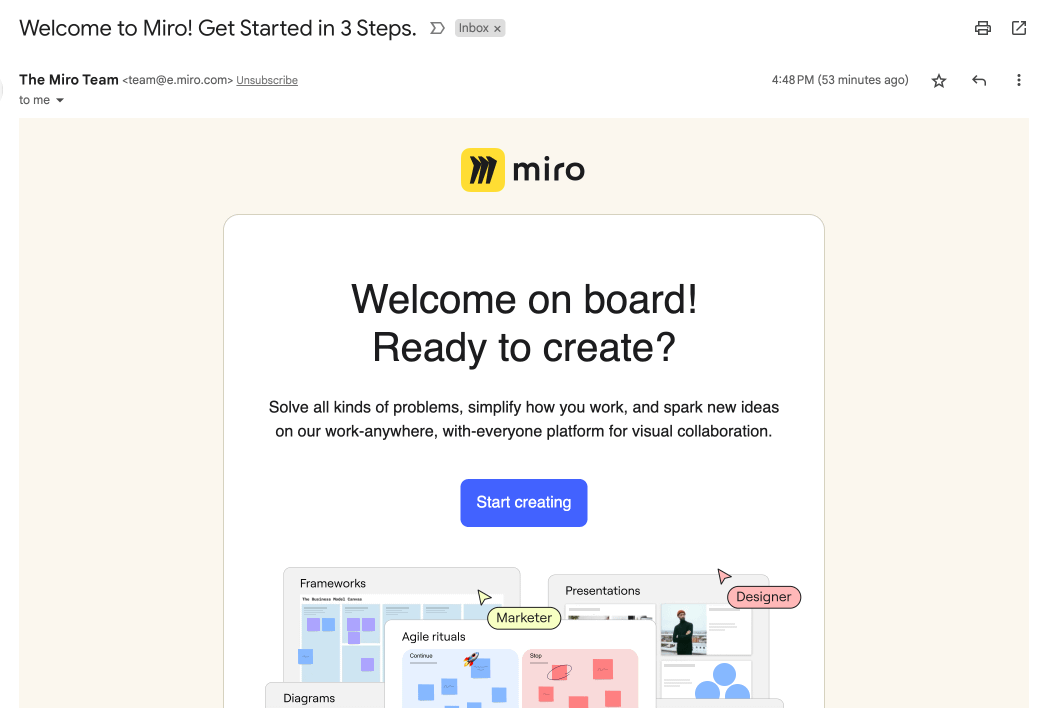 Miro welcome email screenshot Miro welcome email screenshot