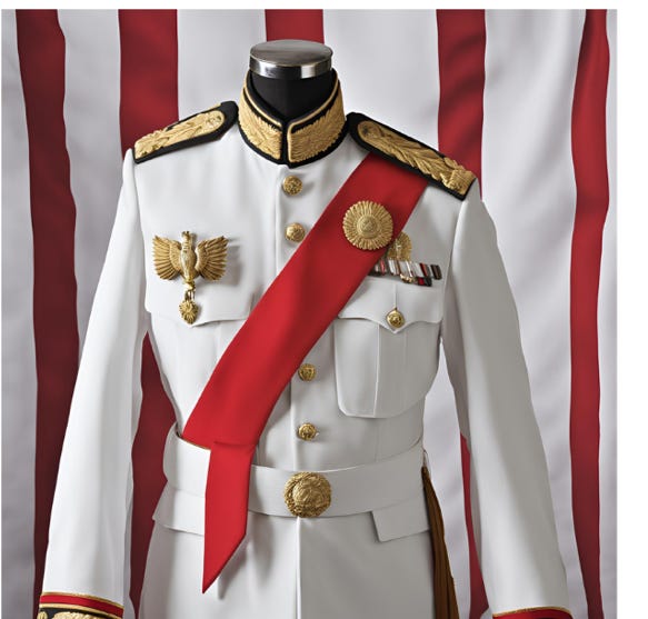 A white uniform with a red sash

Description automatically generated