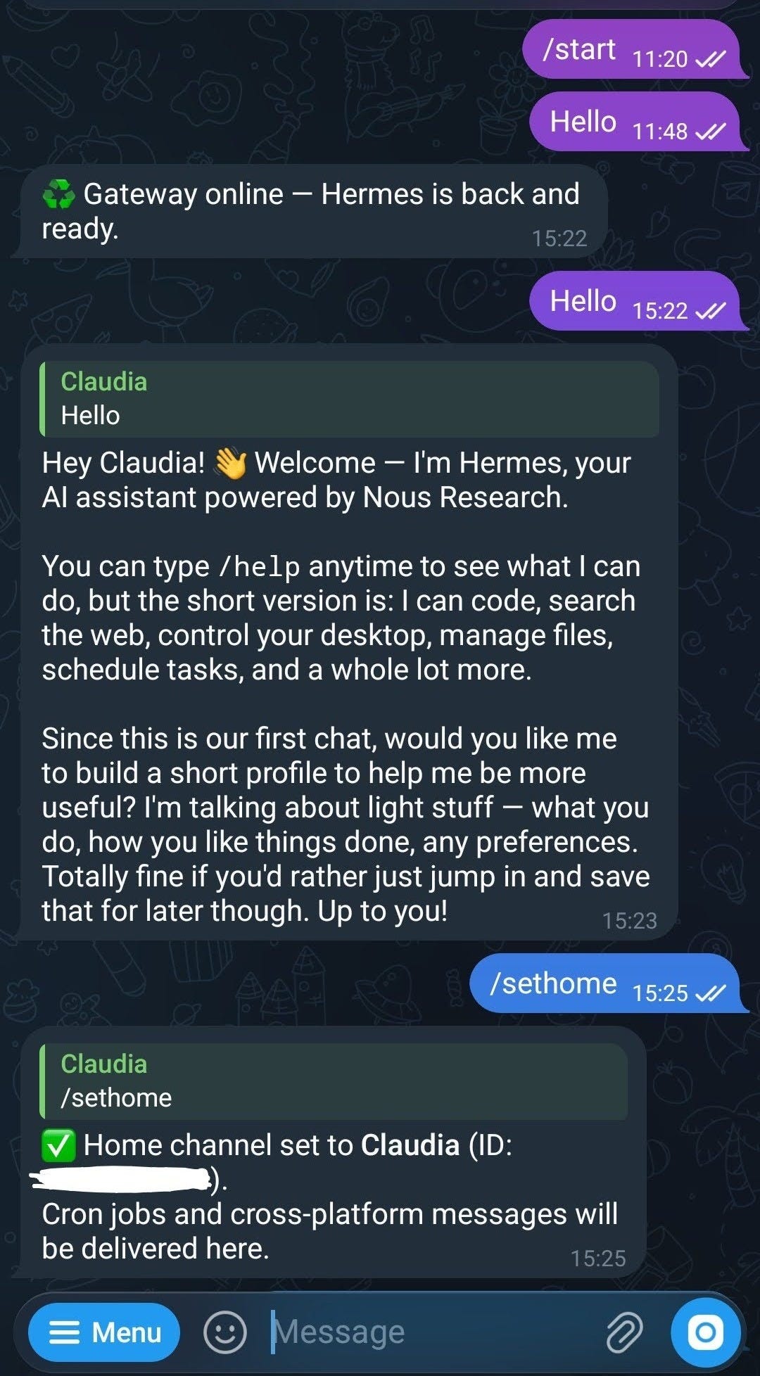 Telegram DM to Hermes bot showing hello reply and /sethome confirmation from cloud VM.