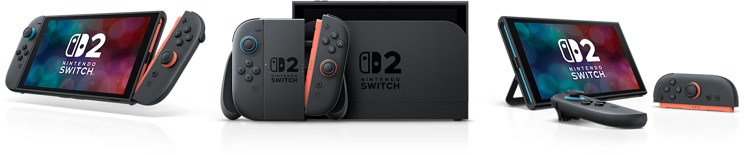Switch 2 in handheld, docked, and tabletop modes.