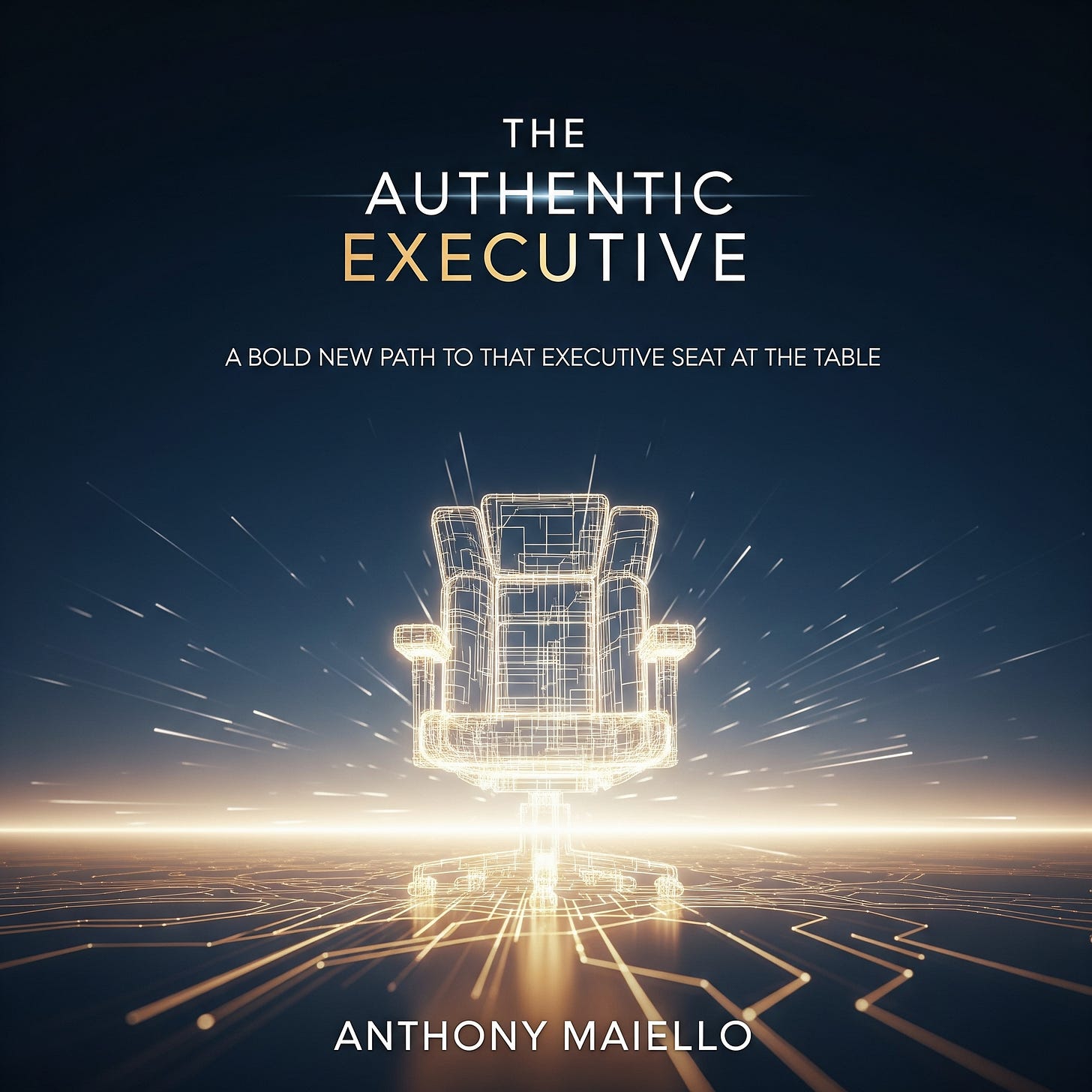A high-quality, professional book cover for 'The Authentic Executive' by Anthony Maiello. The design is modern and minimalist, featuring an executive chair made of glowing, interconnected light lines, representing a new, digital pathway to success. The color palette is a sophisticated gradient from deep navy to a luminous gold, with the title and author's name in a clean, sans-serif font.