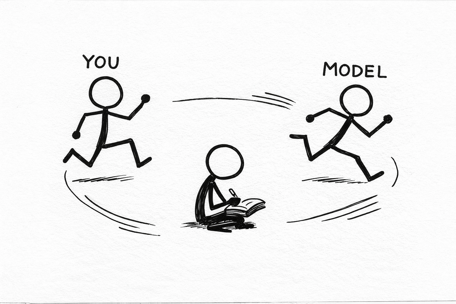 Hand-drawn Sharpie doodle of two stick figures labeled You and Model running in an endless circle chasing each other while a third stick figure sits calmly in the center writing in a notebook, illustrating how writers can escape the AI detection arms race by writing like themselves. Hand-drawn Sharpie doodle of two stick figures labeled You and Model running in an endless circle chasing each other while a third stick figure sits calmly in the center writing in a notebook, illustrating how writers can escape the AI detection arms race by writing like themselves.