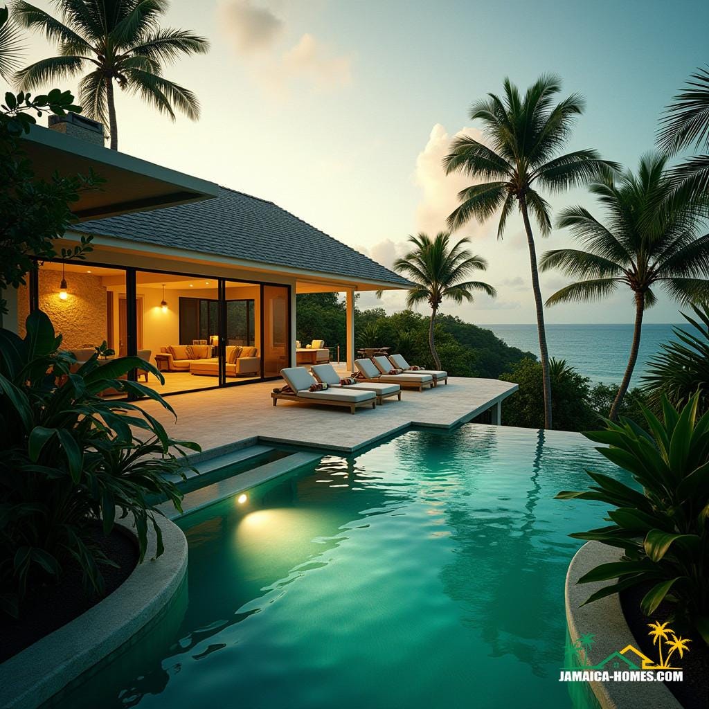 A luxurious modern cottage in Jamaica, Caribbean, surrounded by lush tropical gardens and featuring a sparkling infinity pool that seamlessly blends into the turquoise ocean, with a second pool nestled among the palm trees. A luxurious modern cottage in Jamaica, Caribbean, surrounded by lush tropical gardens and featuring a sparkling infinity pool that seamlessly blends into the turquoise ocean, with a second pool nestled among the palm trees.