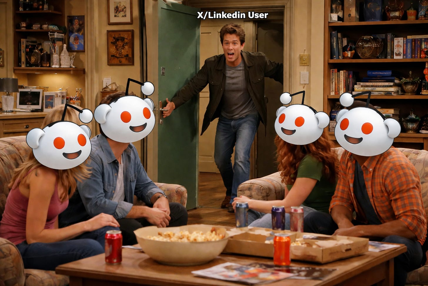 A man shouting with a wide mouth as he bursts through a door into a living room where four redditors are relaxing. A man shouting with a wide mouth as he bursts through a door into a living room where four redditors are relaxing.