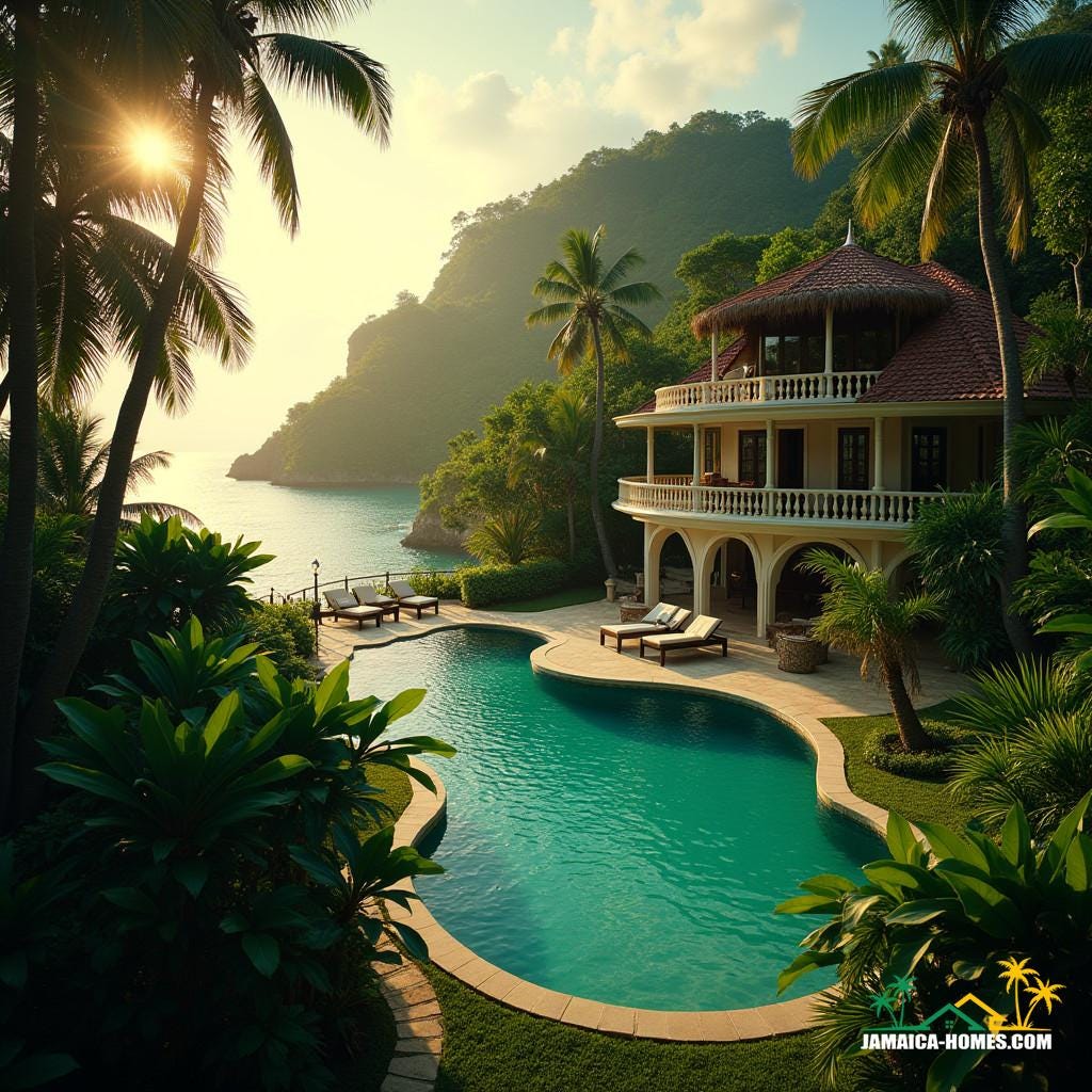Luxurious Jamaican villa, lush greenery, turquoise ocean, warm golden light, cinematic glow, shot on v-raptor XL, 35mm film aesthetic, subtle film grain, vignette, rich color grading, post-processed to perfection, dramatic cinematic lighting, atmospheric mist, epic scale, stunning architecture, opulent decor, masterfully composed, a true masterpiece, evoking the style of Emmanuel Lubezki's cinematography, with the vibrant colors of Steve McCurry's photography, and the dramatic flair of Ridley Scott's filmmaking.