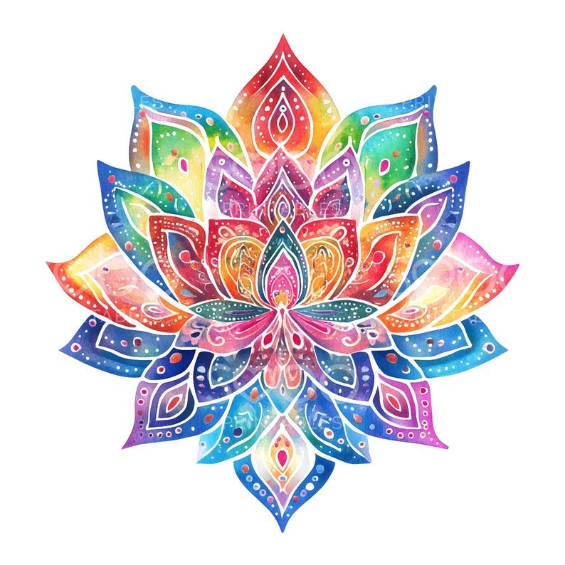 May include: A colorful watercolor painting of a lotus flower with intricate details. The flower is painted in shades of red, orange, yellow, green, blue, and purple. May include: A colorful watercolor painting of a lotus flower with intricate details. The flower is painted in shades of red, orange, yellow, green, blue, and purple.