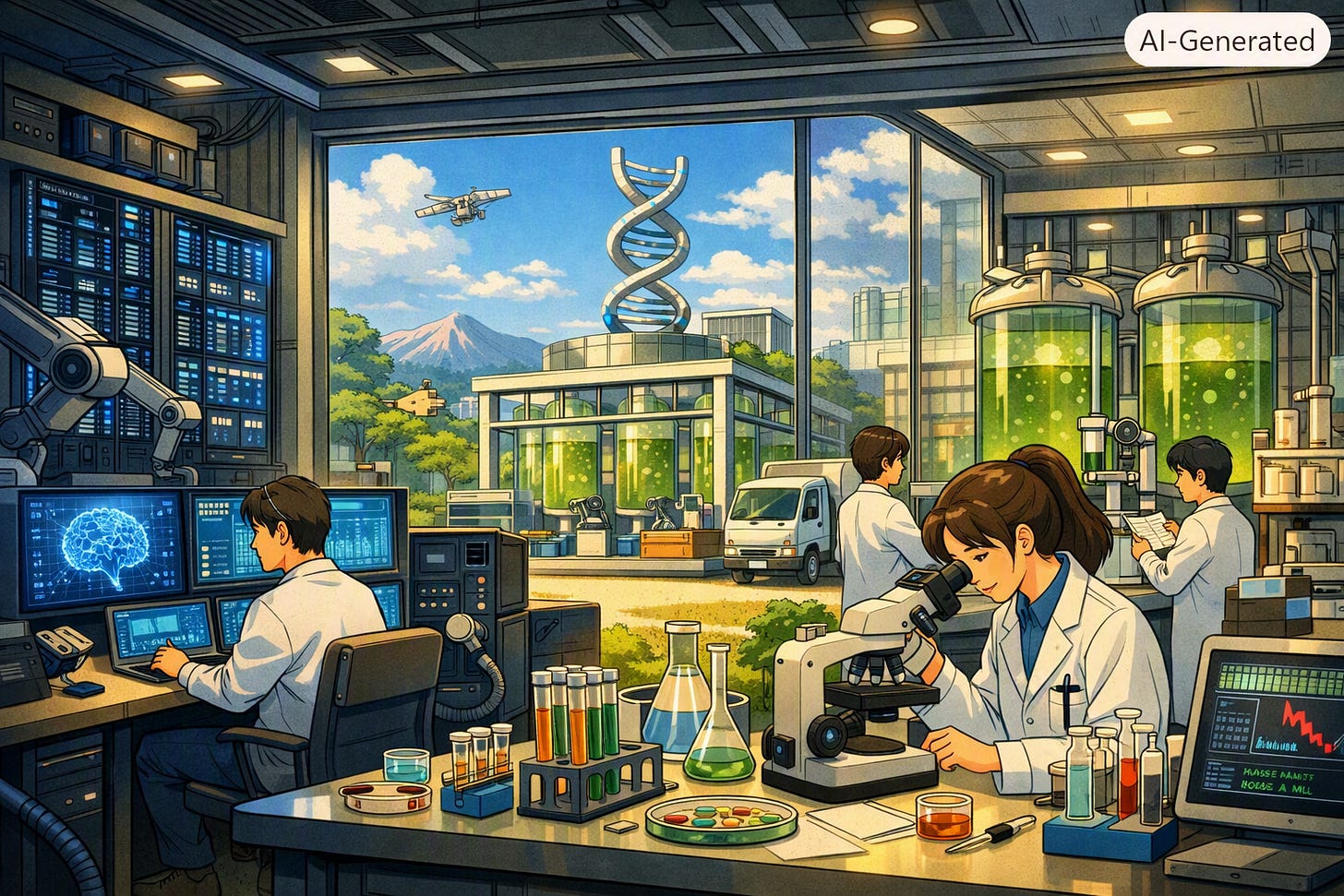 Ghibli biotech‑AI indoor lab