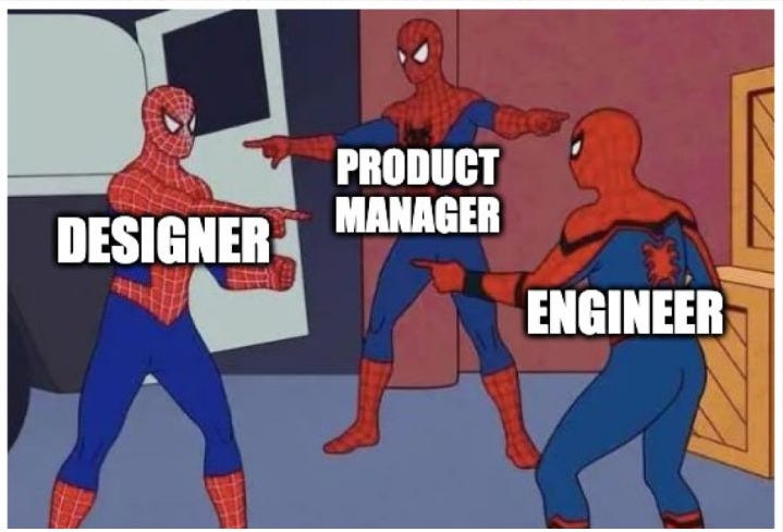 Three identical Spider-Man characters labeled “Designer,” “Product Manager,” and “Engineer” point at each other in confusion. Above the meme, bold text reads: “The lines keep getting blurrier.” Subheading says: “Designers design. Engineers build. PMs manage…or do they?” The image highlights how roles in tech teams increasingly overlap.