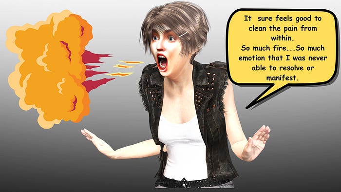 Image of a woman speaking out loud, with flames coming out of her mouth symbolic of expressing emotions that have been oppressed for too long.