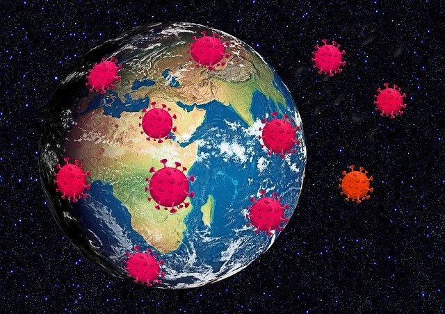 graphic of coronovirus particles surrounding the glob