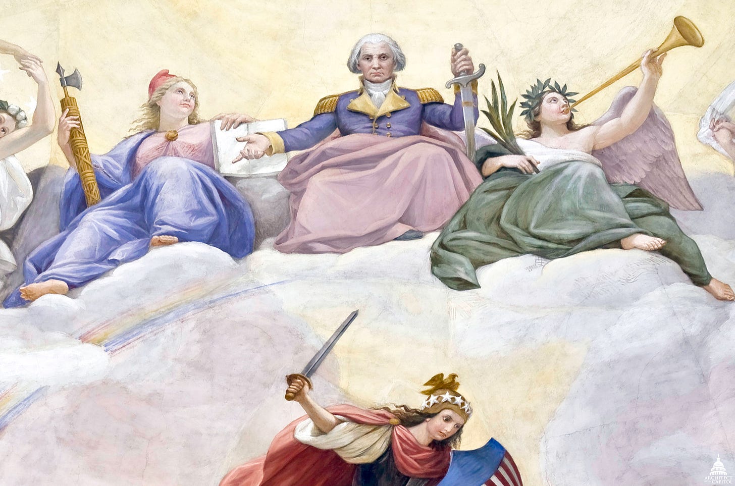 detail of the apotheosis of george washington, with Washington sitting in cloud attended by republican angels