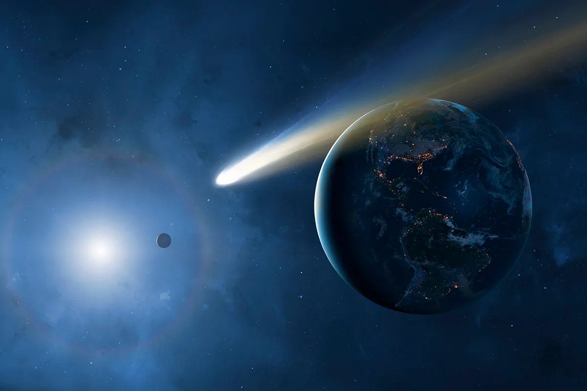 Artist's impression of a comet whizzing by Earth. Credit: Mark Garlick / Science Photo Library / Getty Images Artist's impression of a comet whizzing by Earth. Credit: Mark Garlick / Science Photo Library / Getty Images