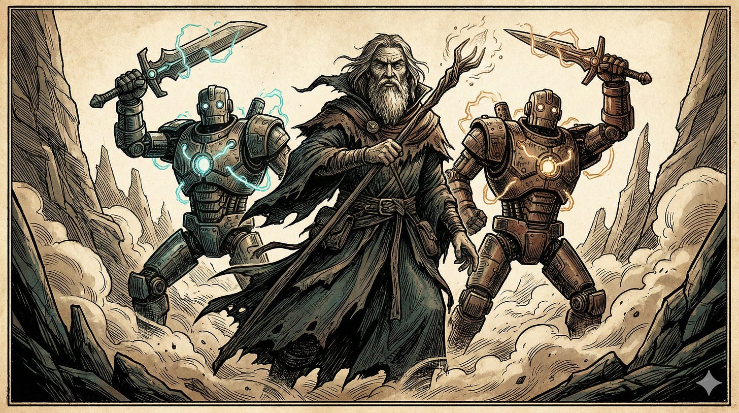 Solo chief orchestrating AI tools and workflows as a one-person business — etching illustration Solo chief orchestrating AI tools and workflows as a one-person business — etching illustration