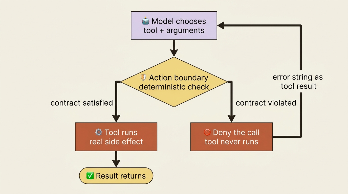 The action boundary: the model chooses arguments, a deterministic check runs, and the tool fires only if the contract is satisfied; otherwise the call is denied and the error returns to the model. The action boundary: the model chooses arguments, a deterministic check runs, and the tool fires only if the contract is satisfied; otherwise the call is denied and the error returns to the model.
