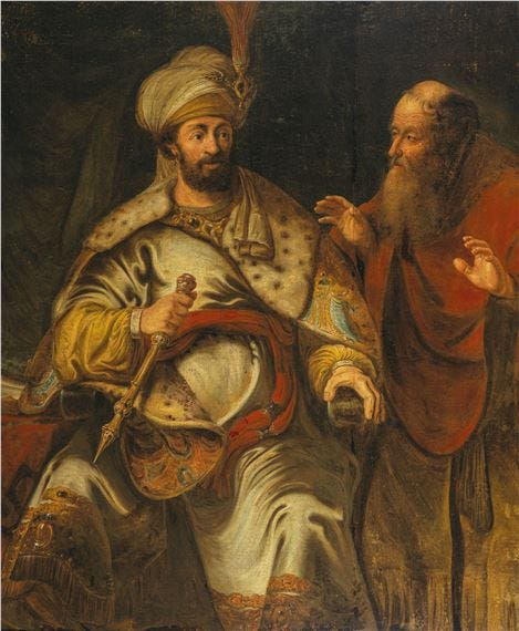 Artwork by Rembrandt van Rijn, David rebuked by the Prophet Nathan (II Sam. 12, 1–15), Made of oil on canvas