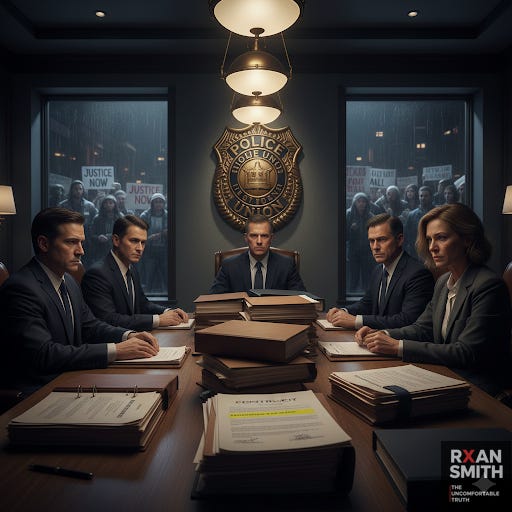 Ultra-detailed 16:9 photorealistic image. A dimly lit conference room with a long table: police union leaders in suits sit across from city officials, stacks of thick contracts and folders between them. On the wall behind the union side, a large emblem of a police union shield. Outside the glass windows, protesters with signs about “justice” and “accountability” are blurred but visible. One contract on the table has highlighted clauses, and a page labeled “Disciplinary Records” is partially covered. Mood: tense, closed-door negotiations, power being formalized on paper