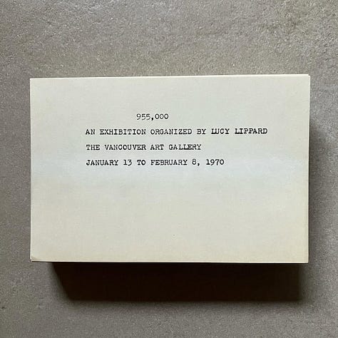 955,000. An exhibition organized by Lucy Lippard, Edited by Lucy Lippard, The Vancouver Art Gallery, Vancouver, 1970 [Studio Bruno Tonini, Gussago (BS). © Lucy Lippard]