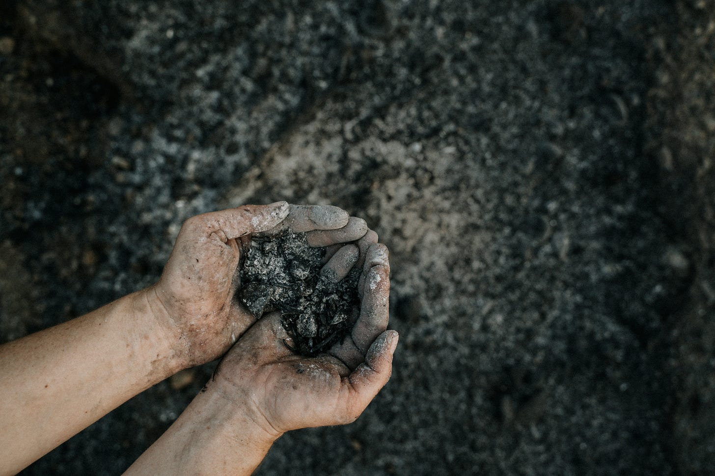 A pair of hands holding black and grey ashes. 