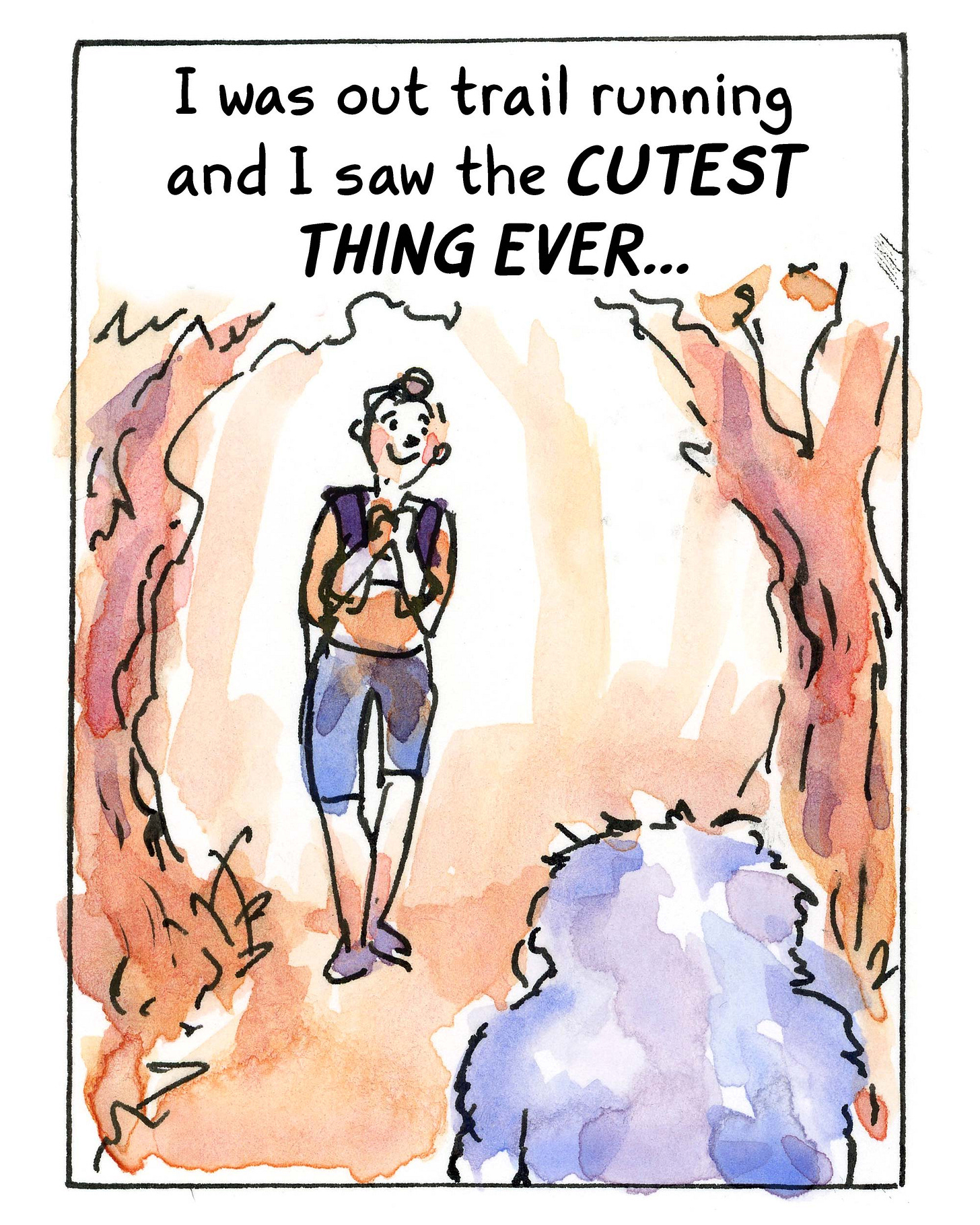 Watercolor comic page by graphic novelist K. Woodman-Maynard about meeting a baby owl. Comic text reads: “I was out trail running and I saw the cutest thing ever...”