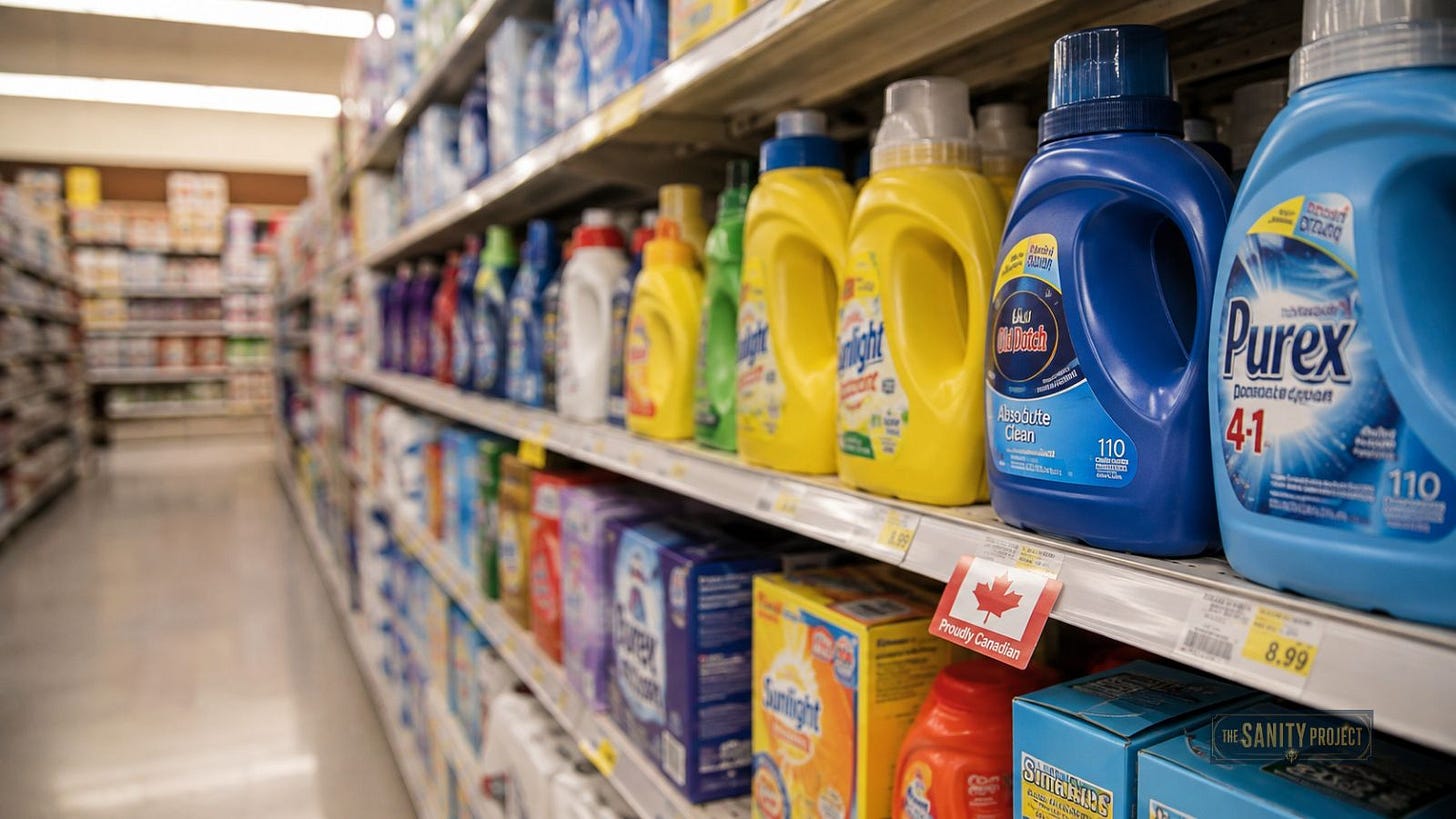 Grocery aisle showing genuine Canadian laundry detergent next to foreign-owned brands.