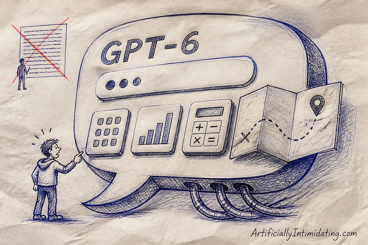 A giant speech bubble labeled GPT-6 sprouting buttons, a bar chart, a calculator and a folded map while a startled man points at it, with a crossed-out wall of plain text in the corner.