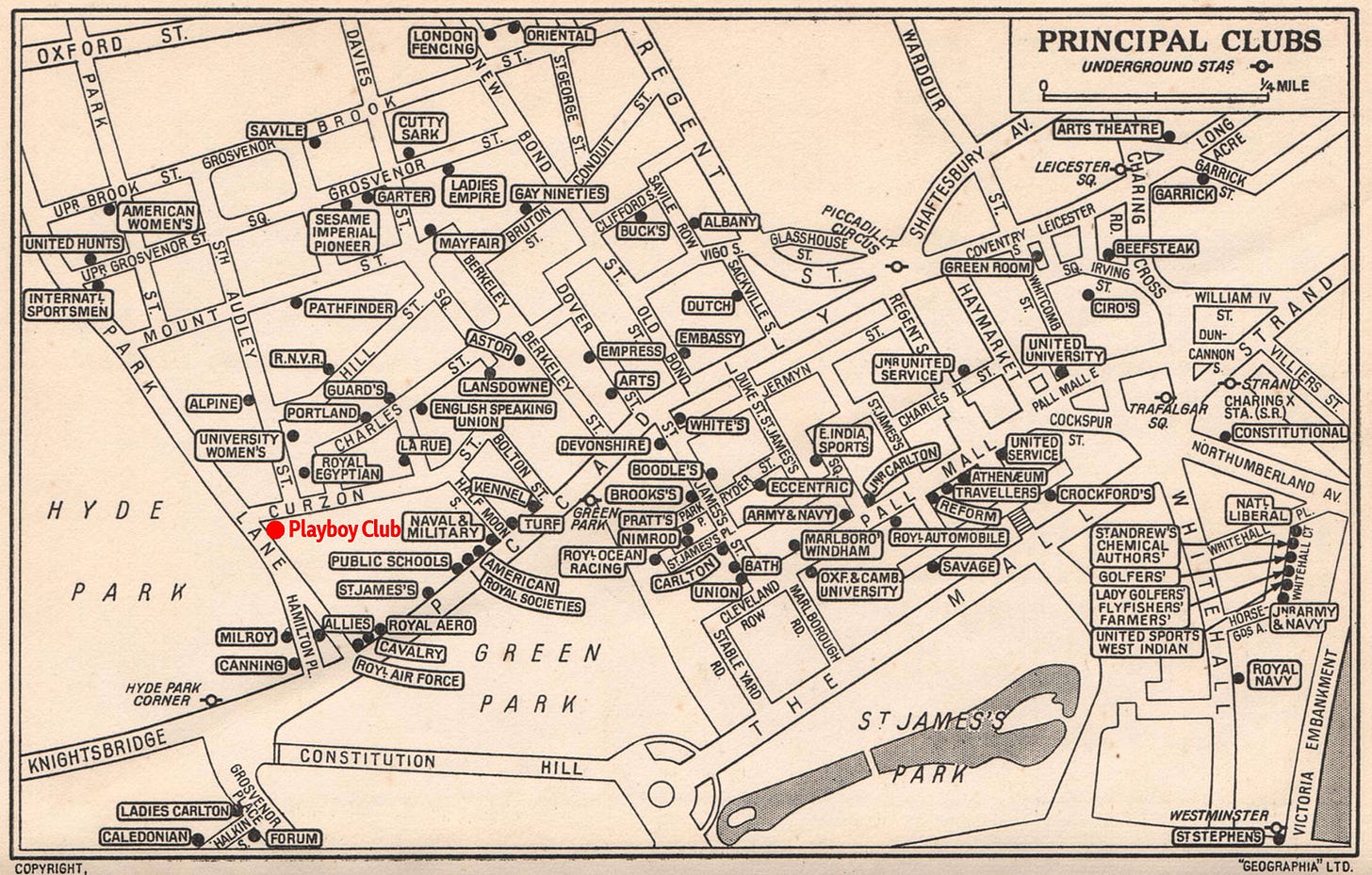 Vintage map of central London showing dozens of gentlemen's (and a few women's) clubs. A red label adds a more recent club, the Palyboy Club, which opened in 1960