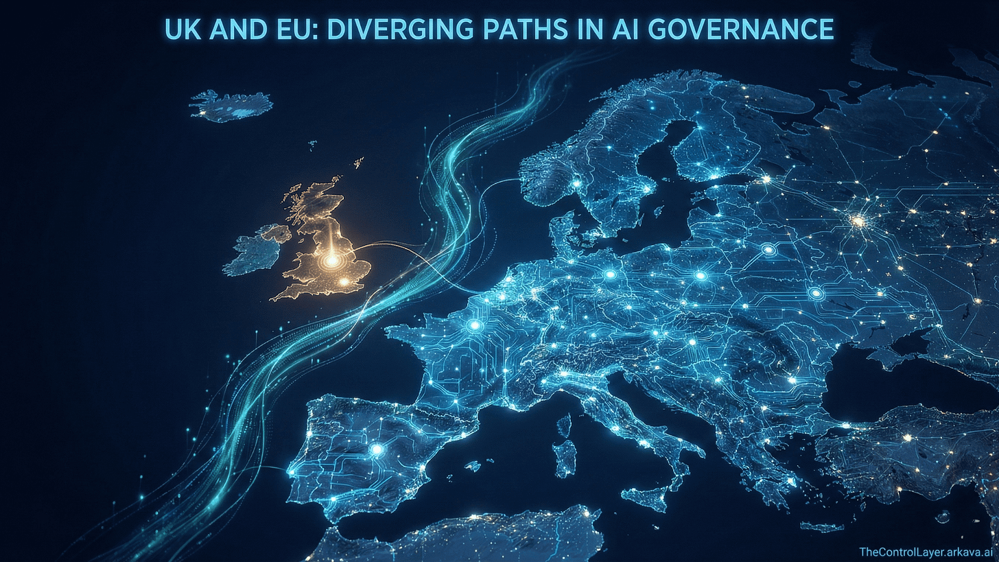 Digital map showing the United Kingdom and European Union with glowing data connections, representing diverging regulatory approaches to AI governance. Digital map showing the United Kingdom and European Union with glowing data connections, representing diverging regulatory approaches to AI governance.