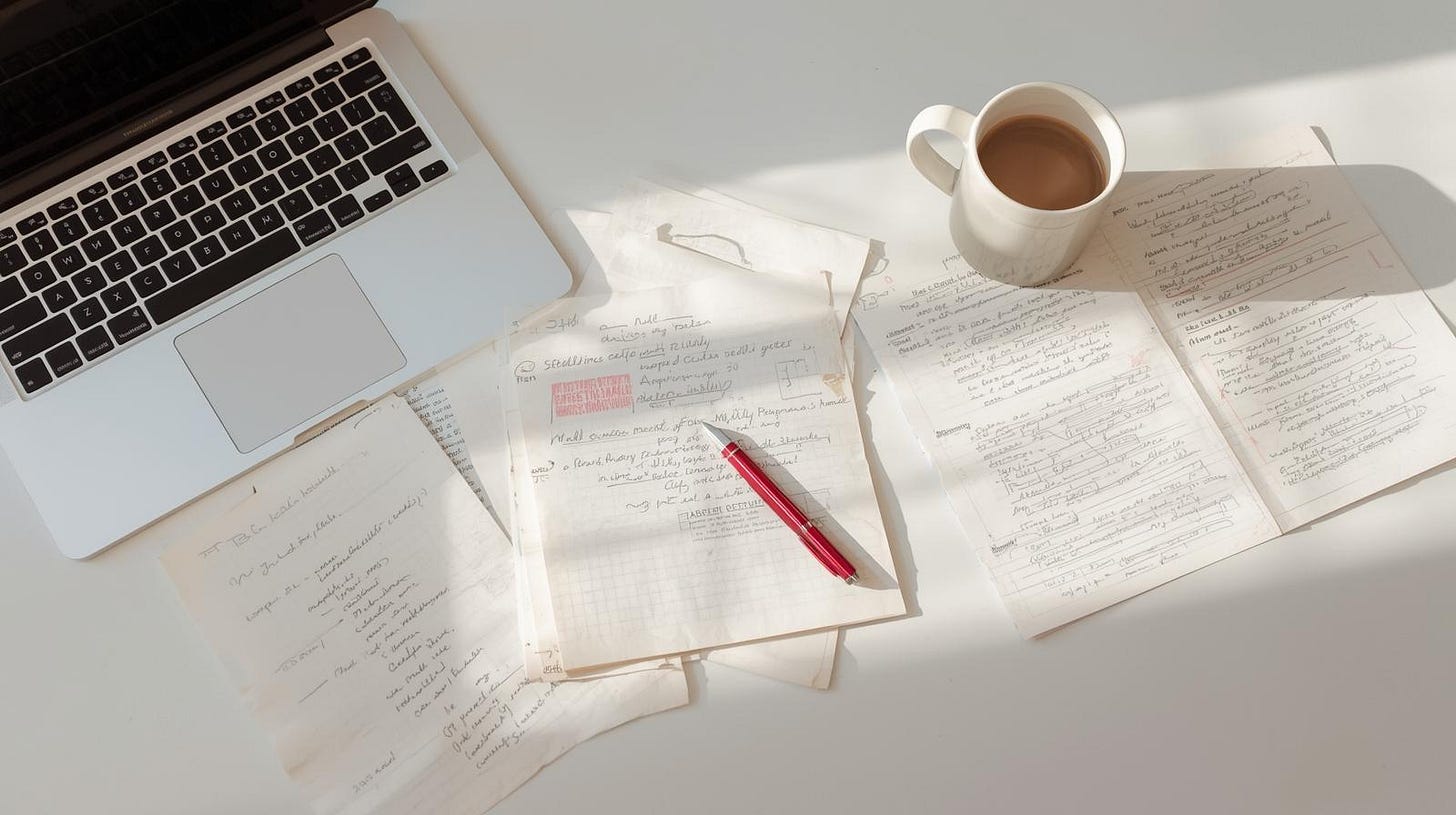 Marked-up pages with a red pen on a minimalist desk, symbolizing a life edit in progress.