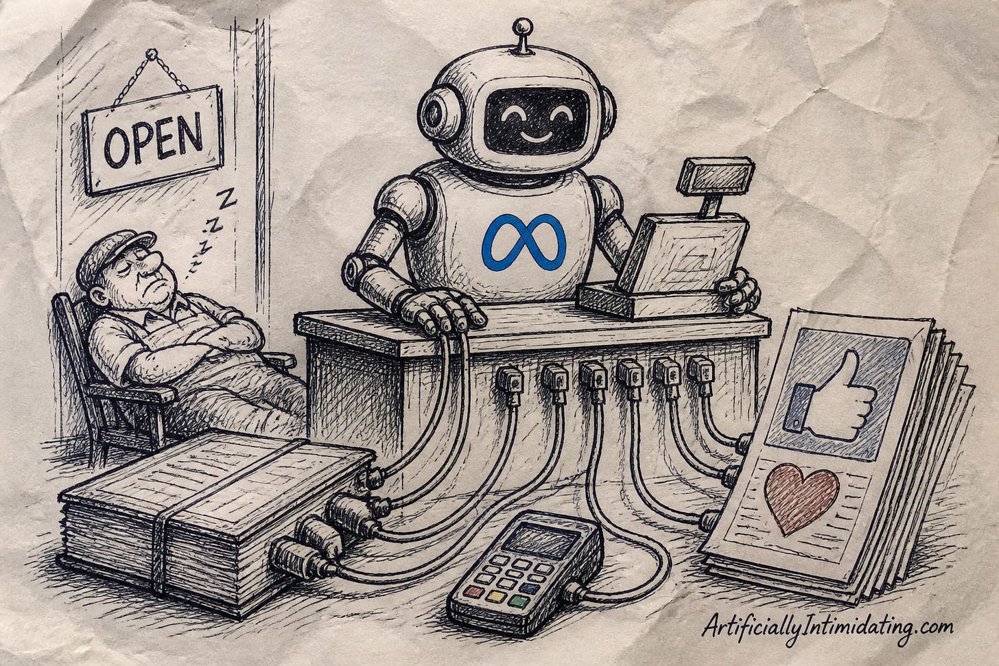 A friendly robot shopkeeper with a blue infinity logo runs the register, plugged by cables into a ledger, a card reader and ad posters, while the shop owner dozes in a chair beside an OPEN sign. A friendly robot shopkeeper with a blue infinity logo runs the register, plugged by cables into a ledger, a card reader and ad posters, while the shop owner dozes in a chair beside an OPEN sign.