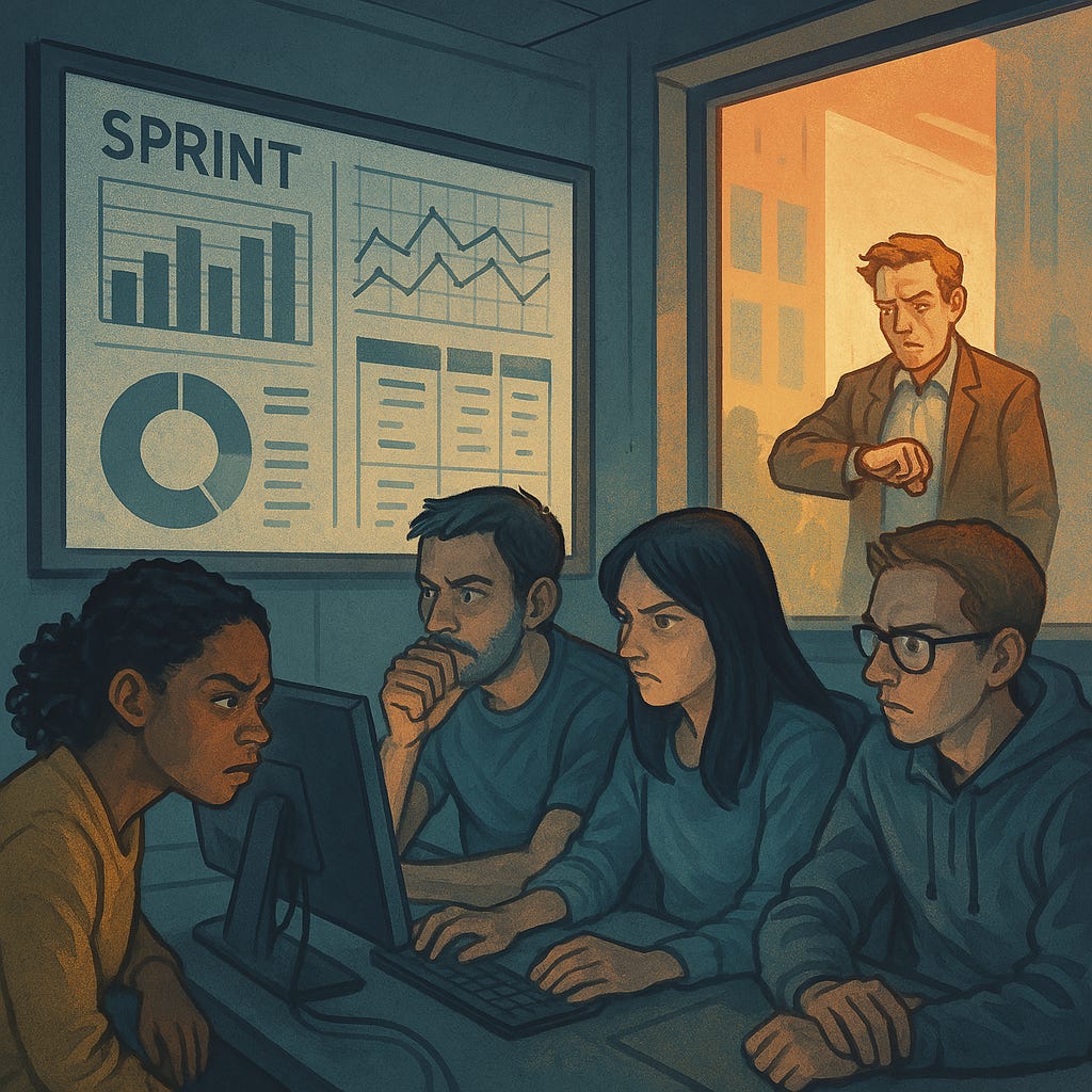Uma equipe de engenharia obcecada com métricas de sprint enquanto um cliente espera do lado de fora. Uma equipe de engenharia obcecada com métricas de sprint enquanto um cliente espera do lado de fora.