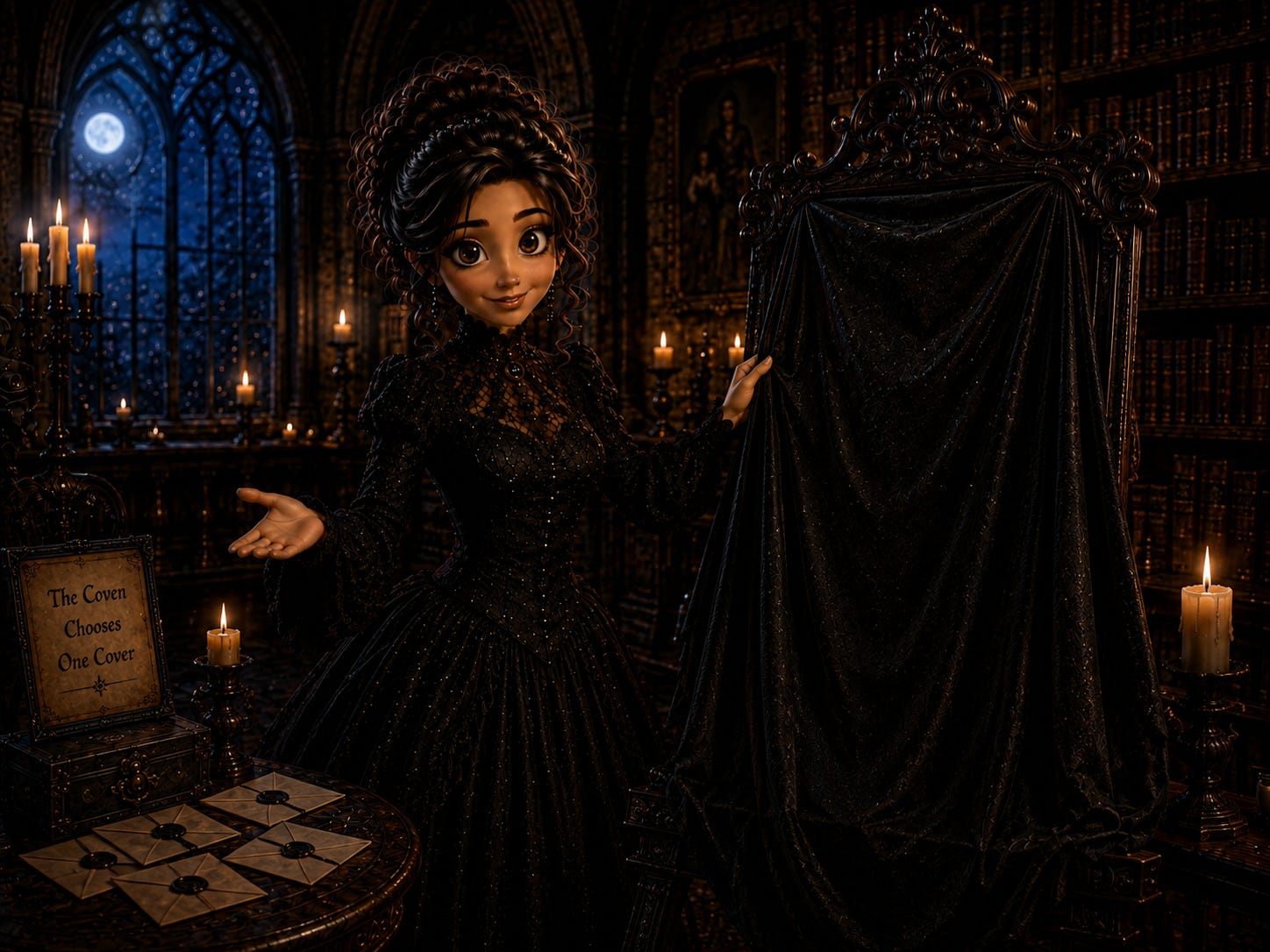 Gothic avatar of Gina Thornwood reveals a black velvet-covered book cover in a candlelit library beside sealed coven ballots and a full-moon window.