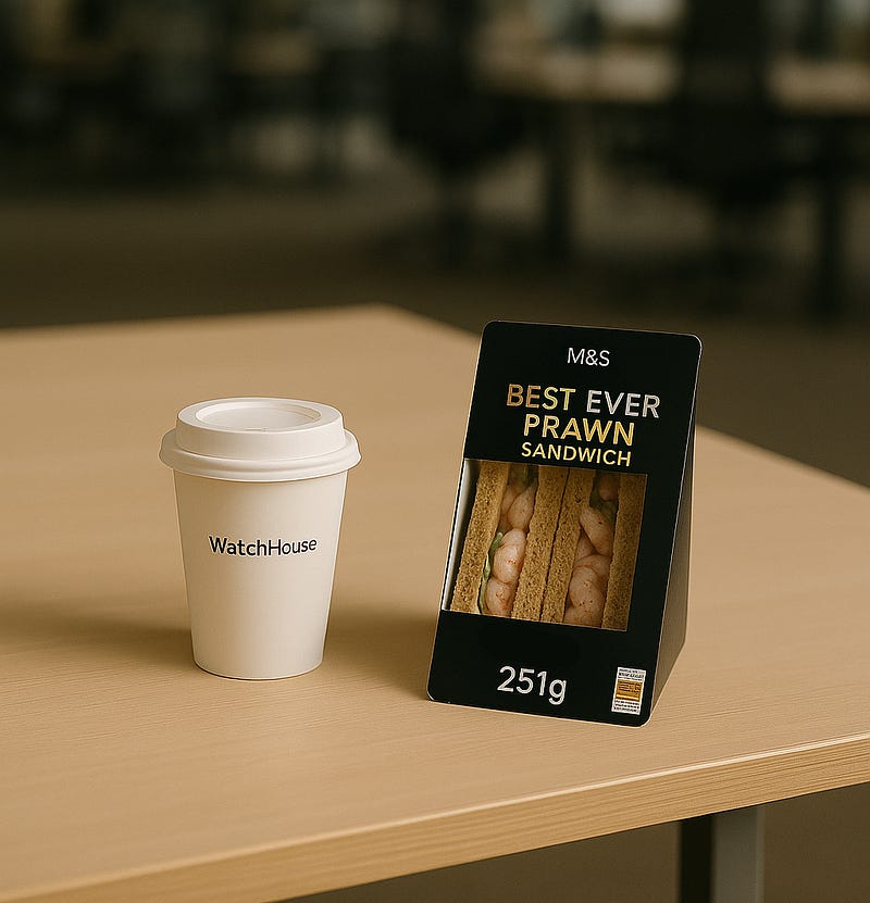 A disposable white WatchHouse coffee cup and an M&S Best Ever Prawn Sandwich in a black cardboard sleeve sit neatly on the corner of a pale wooden desk.