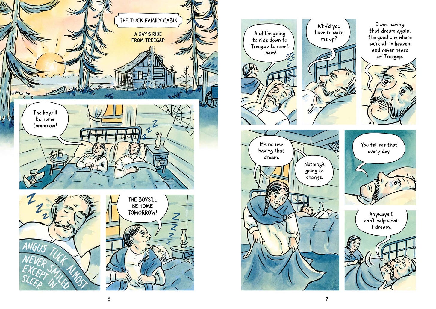Watercolor comic pages from graphic novelist K. Woodman-Maynard’s graphic novel adaptation of Natalie Babbitt’s Tuck Everlasting. 