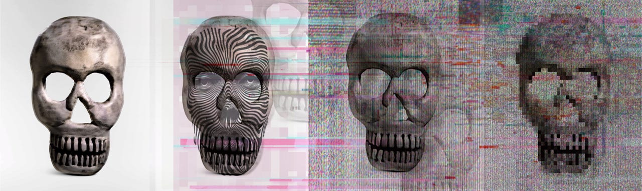 Repeating image of four skulls with increasing doubling, blurring, ghosting, and pixelation.