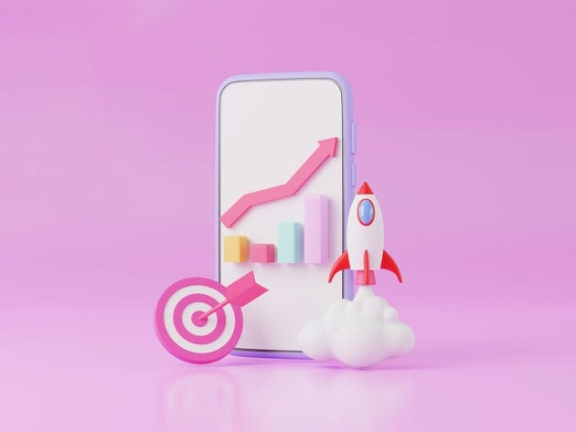 Growth investment stock market, compete of business target achievement concept, Business success strategy, investment portfolio, mobile app for statistics finance chart graph